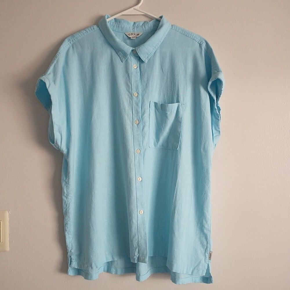 Orvis Shirt Blouse Womens XL Blue Linen Blend Short Sleeve Buttons Pocket Boxy